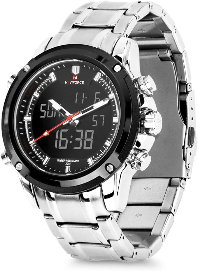 商务男式模拟数字手表,石英双时区电子手表防水重型腕表带闹钟表