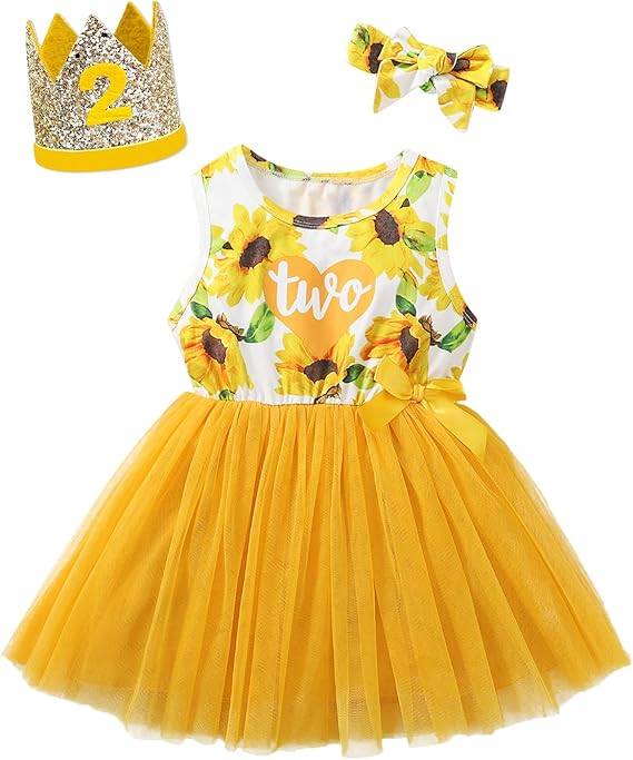 女婴两岁生日服装幼儿 2 岁生日连衣裙套装, 黄色, 2t
