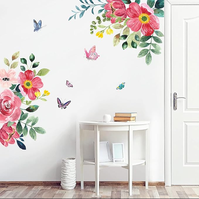 atcarmor 花朵墙贴,蝴蝶花卉墙贴花卉墙贴即剥即贴,大号花墙贴花适合