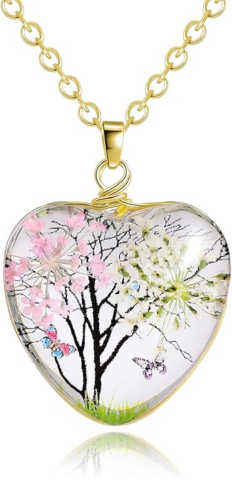 天然真压花 生命之树 心形吊坠 项链 母亲 妻子 女孩 爱 项链 首饰