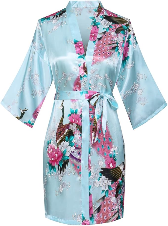 joy bridalc 女式短款花朵和服长袍孔雀和花朵丝绸新娘长袍