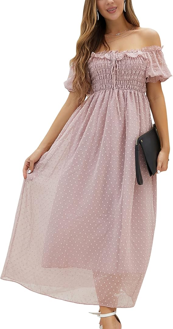 fashionme 女式露肩波西米亚飘逸长裙抽绳休闲孕妇拍照