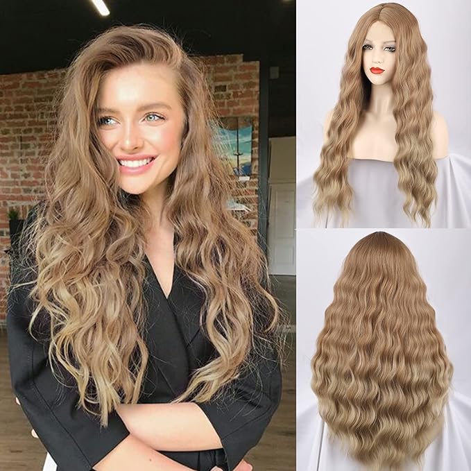 女式长款金发假发金色渐变色假发长自然波浪合成假发 角色扮演日常
