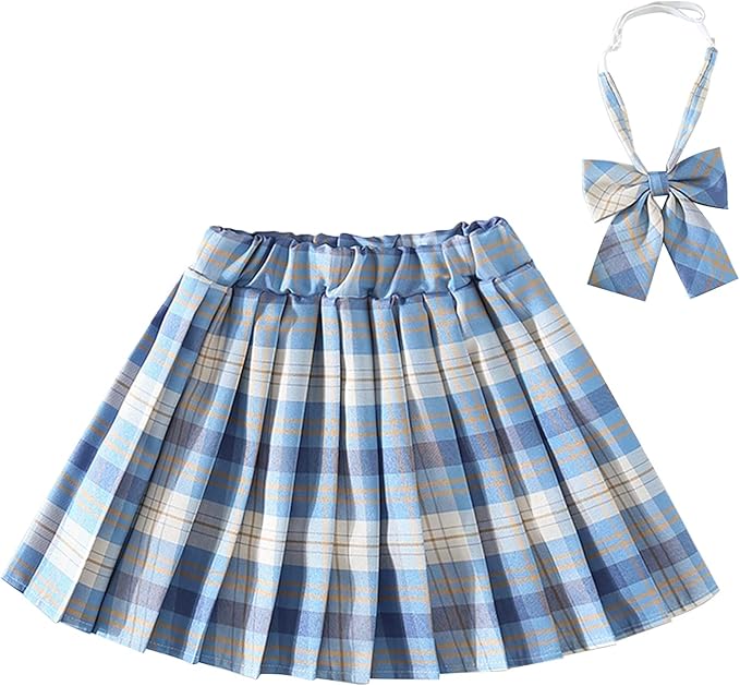 女孩儿童格子裙百褶校服裙幼儿高腰迷你网球裙带领结 【lzedira】 服