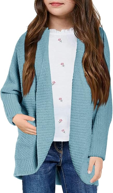 fisace 女童前开襟毛衣夹克儿童柔软粗针织长袖休闲开衫外套