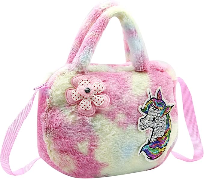 ankomina 小女孩彩色毛绒独角兽钱包手提包蓬松斜挎包儿童幼儿礼物
