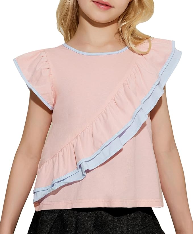 女童童装 蝴蝶袖背心圆领褶边 t 恤棉质纯色上衣 5-12