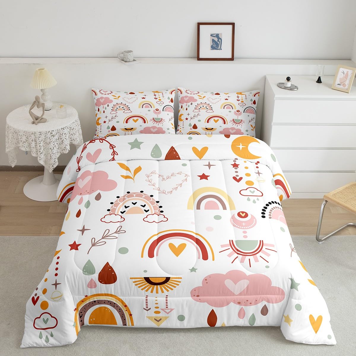 Feelyou Rainbow Quilt Set Full Size with 2 pillowcases Colorful striped quilt Pink Boho Rainbow bedding Set Sun Moon quilted duvet set suitable for children adults