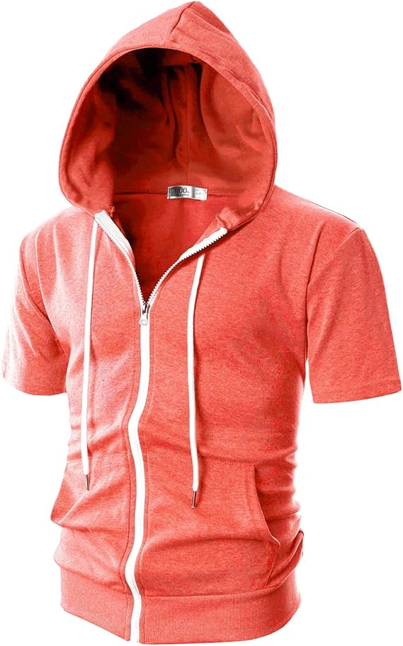 ohoo 男士修身短袖轻质拉链连帽衫袋鼠口袋