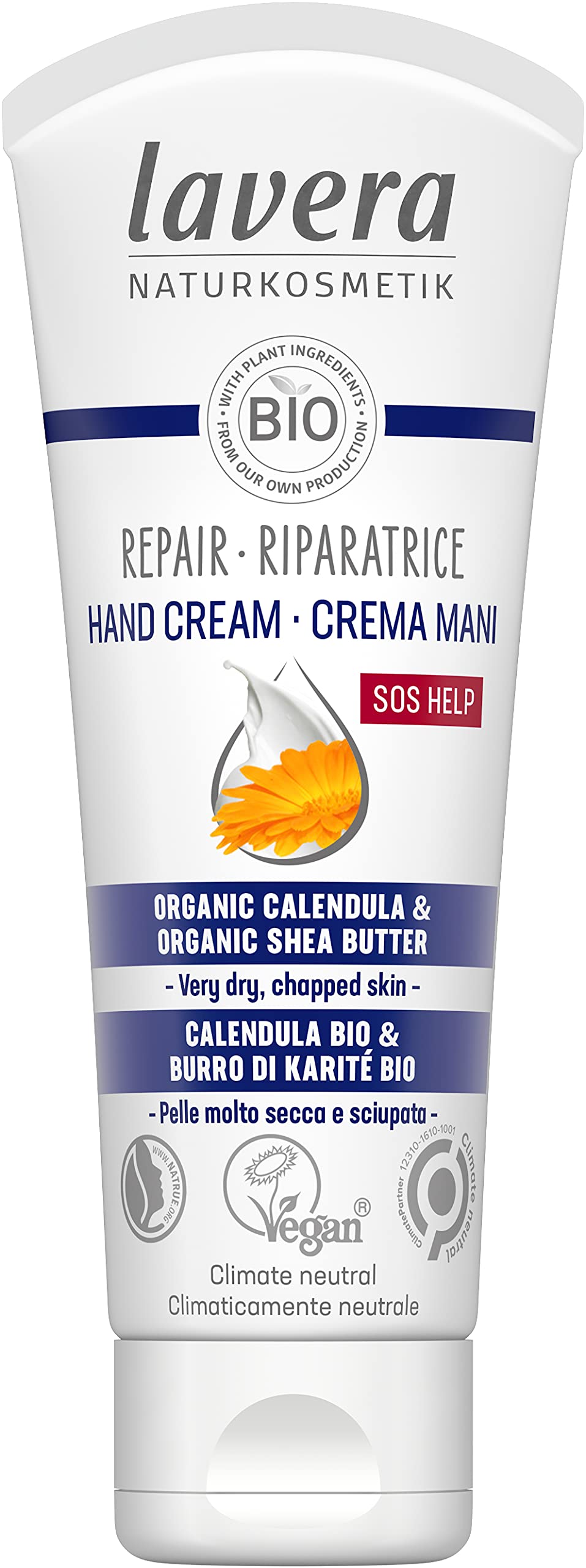 lavera Repair Hand Cream - Hand Cream with Calendula and Shea Butter - SOS to help relieve Stress on hands - Long-lasting Protection - Cosmetics - Vegetarian (1 x 75 ml)