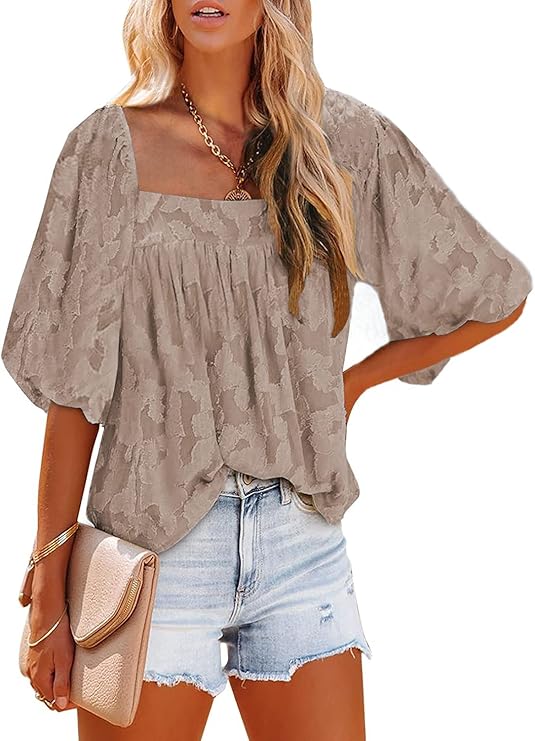 女式方领上衣七分泡泡袖夏季纹理花卉衬衫休闲宽松飘逸