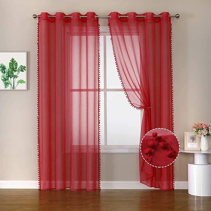 miss selectex 亚麻外观 pom pom 透明窗帘 - 索环半透明窗帘流苏薄纱