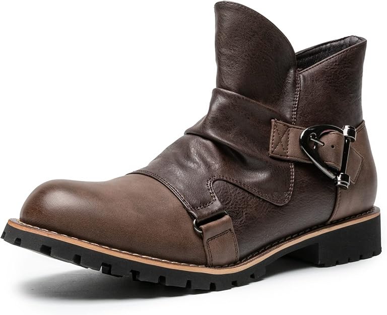 amapo 西部牛仔男靴中筒靴时尚厚跟男式高帮靴男式休闲拉链和搭扣摩托