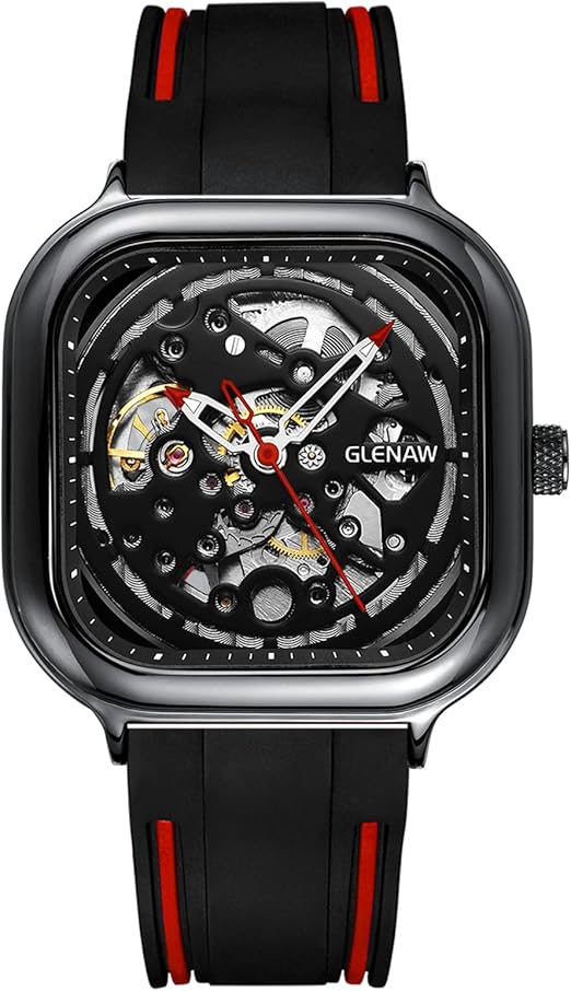 glenaw 男士自动手表,防水手表,男式皮革表带方形镂空机械手表