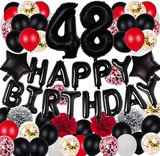黑色快乐 48 岁生日派对装饰包 - 铝箔黑色数字 48 五彩纸屑乳胶气球