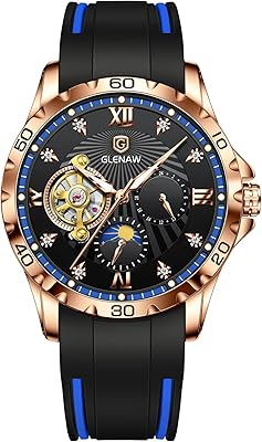 glenaw 男士自动手表,男士防水手表不锈钢表带骨架自上链机械手表钻石