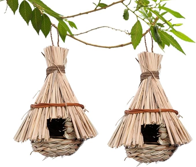 tfwadmx 户外蜂鸟屋,2 件装悬挂手工编织稻草鸟屋草鸟巢捉迷藏小屋鸡
