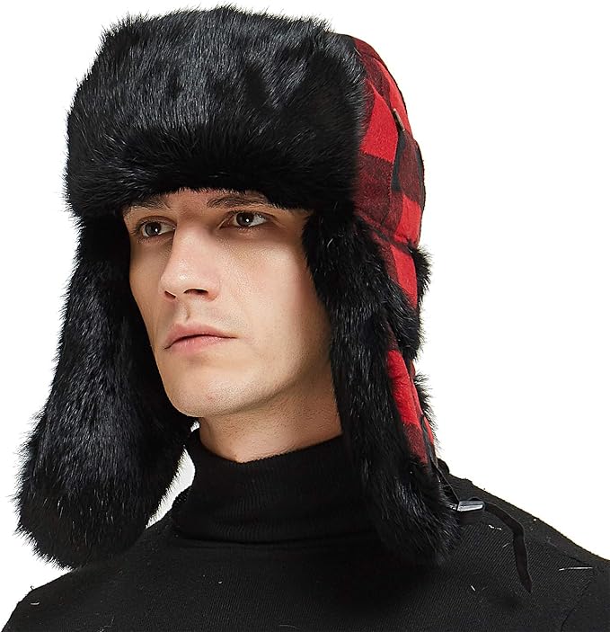ikepod 水牛格子飞行员俄罗斯冬季狩猎兔毛皮剪帽