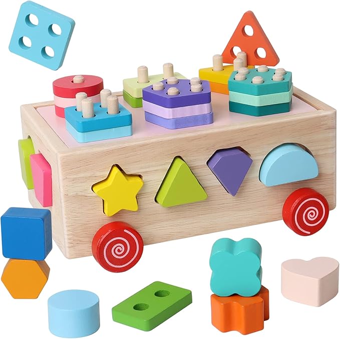 montessori toys 儿童*玩具形状块车木制形状分类玩具男孩和女孩堆叠