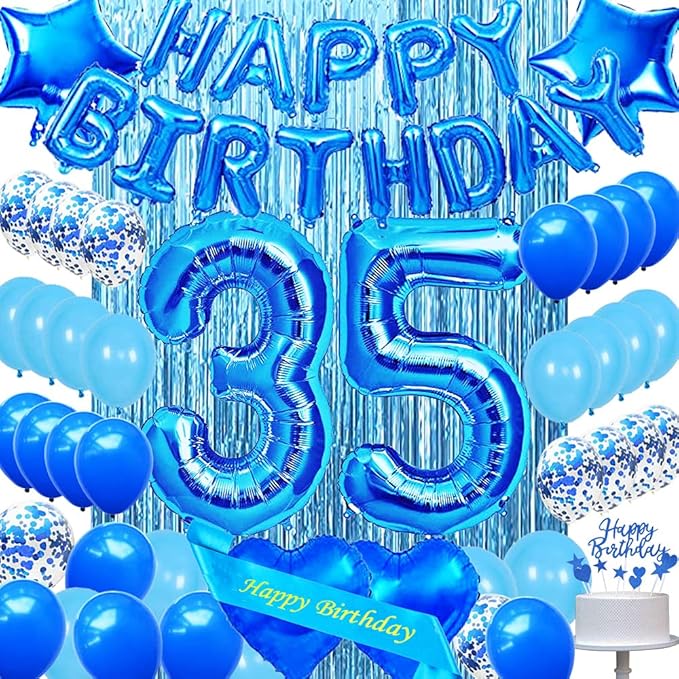 乳胶气球心形星星铝箔气球蓝色铝箔窗帘蓝色生日快乐蛋糕装饰数字蓝色