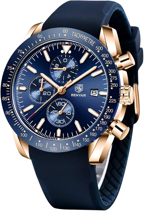 benyar男式手表石英计时商务奢华品牌防水腕表时尚棕色皮革手表