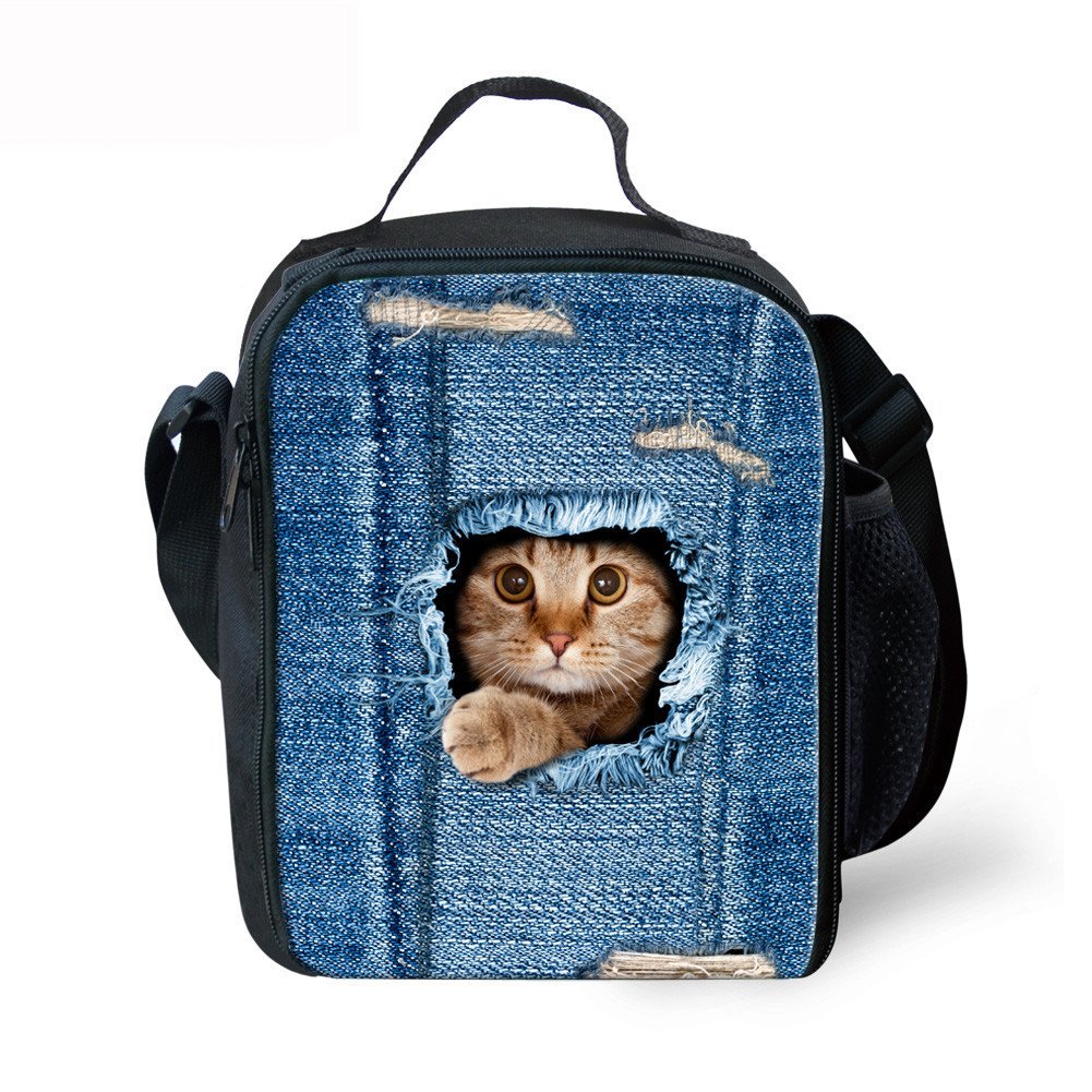 Denim Cat Insulated lunch box for Girls Cute D Animal lunch Bag for kids Insulated bag