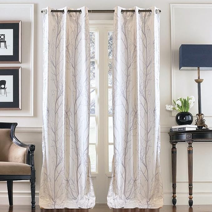 客厅,卧室和厨房装饰天鹅绒窗帘,紫色和灰色树枝印花窗帘,顶部孔环,2