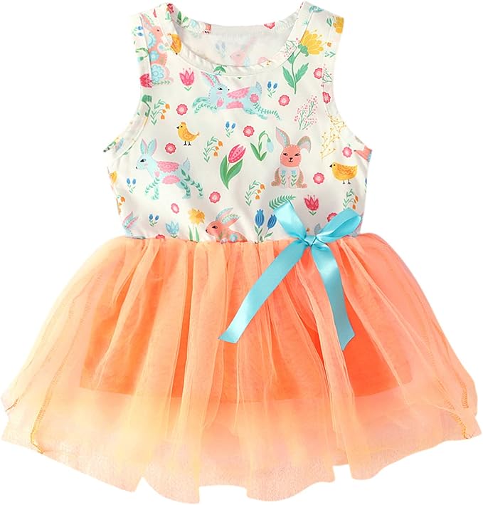幼儿女婴复活节服装无袖蓬蓬裙公主兔子印花薄纱裙派对裙夏季服装