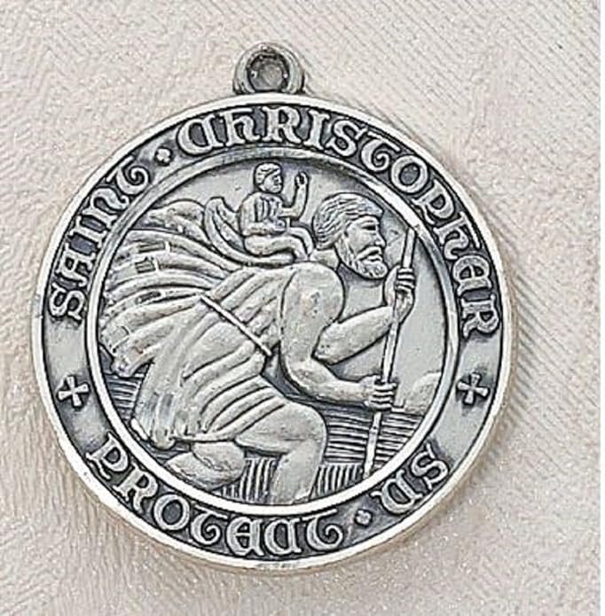 圣克里斯托弗吊坠 . 2.5 cm 直径 . 50.8 cm l 链 .