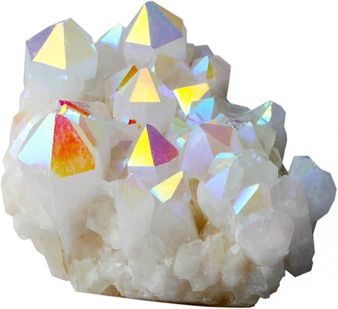 sunyik 天使光环石英钛涂层水晶簇样本,druzy geode 火焰光环宝石(0.