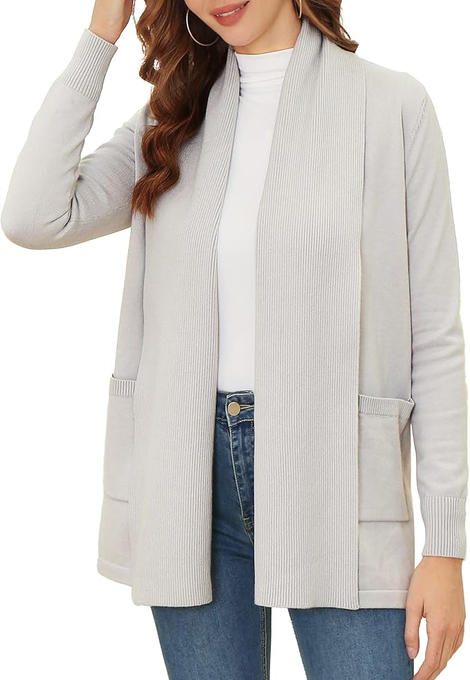 女式前开开襟长袖带口袋针织柔软毛衣宽松轻质休闲外套外套