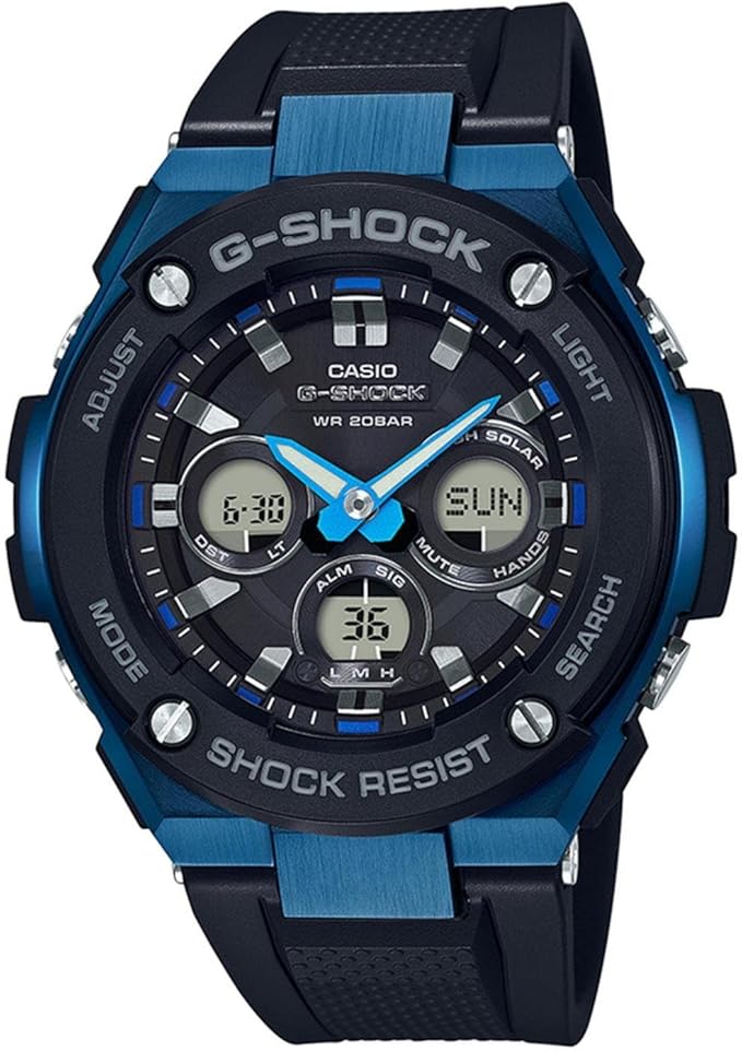 男士 casio g-shock g 钢黑色和蓝色太阳能树脂手表 gsts300g-1a2