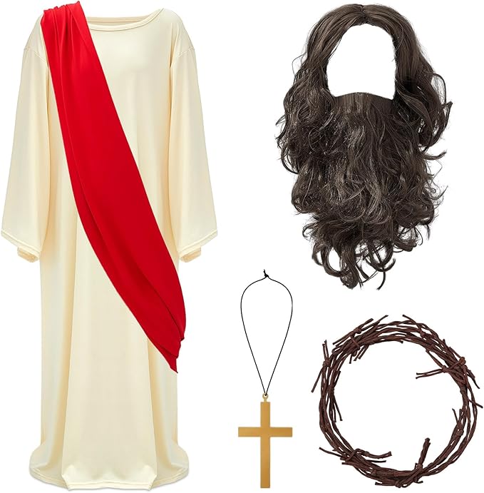 toulite 4 件套万圣节耶稣角色扮演配饰包括合成耶稣基督服装棕色长