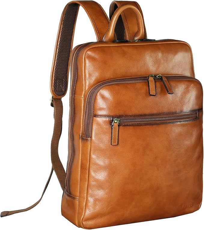 banuce 男士皮革背包 14 英寸笔记本电脑背包 学校书包 旅行包 棕色