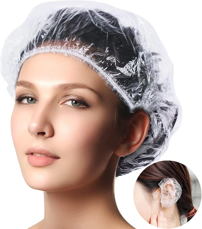 igoolee 200pcs 一次性透明淋浴帽和耳罩 加厚塑料防水浴帽和耳保护器