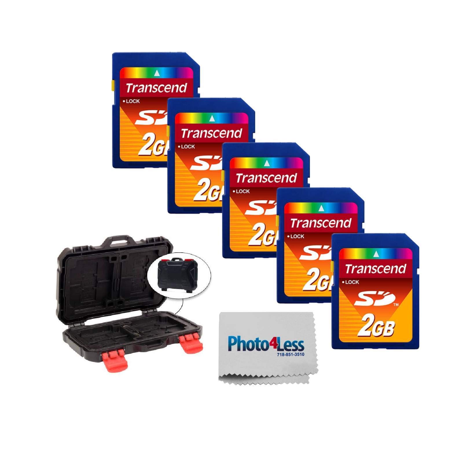 Transcend 2GB SD * Digital memory card TS2GSDC (5 packs) + Vivitar memory card hard case (24 slots) + Photo free camera and lens cleaning cloth - Luxury accessory pack