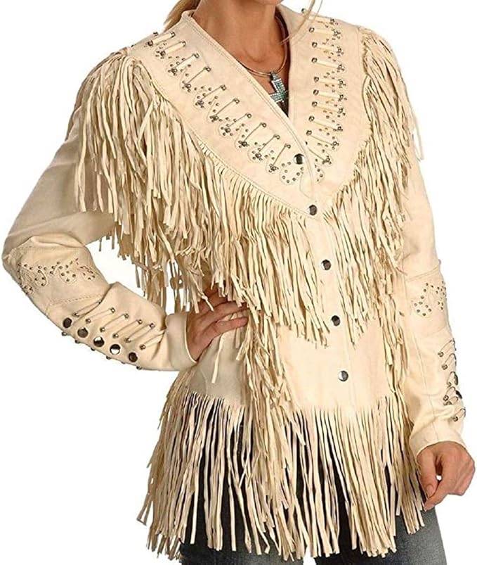 classyak 女式西部牛仔女牛仔真皮夹克 米色