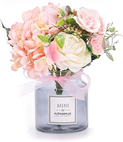 人造玫瑰花束套装 绣球花手花束和花瓶 人造花套装 适用于客厅 餐桌 办公室 婚礼 酒店宴会家居装饰中心摆饰 Pretty Jolly 价格报价图片