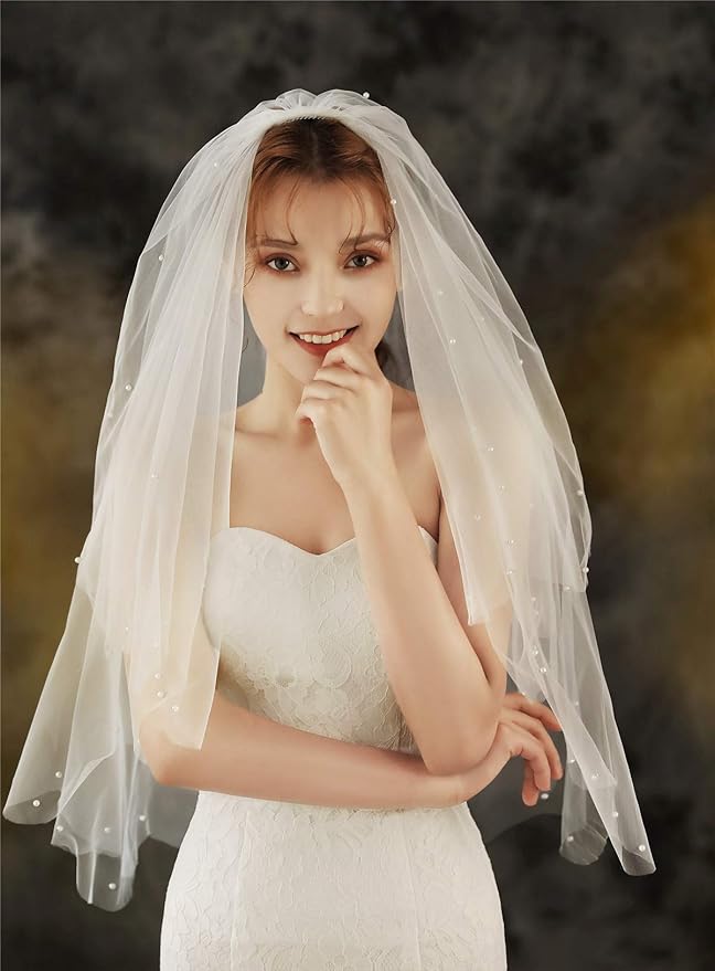 geroki 2 层新娘婚礼面纱短珍珠指尖新娘面纱教堂发饰带梳子和可爱