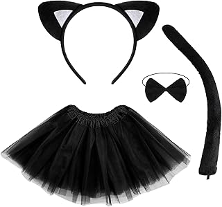 neer 4 件套猫服装儿童女孩猫耳朵头带尾巴猫耳朵蝴蝶结动物万圣节