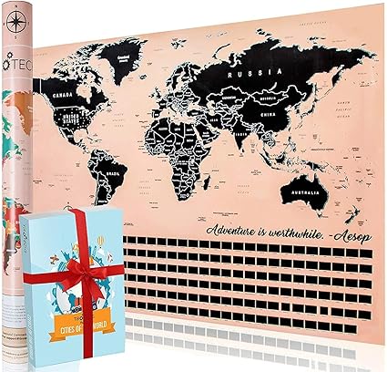 Tirotechs 划痕地图 划痕地图xl 33x23 划痕世界地图海报 学习首都城市scratch Best 世界地图海报 Scratch Best 出品 Scratch 出品 适合儿童和旅行者浅棕色
