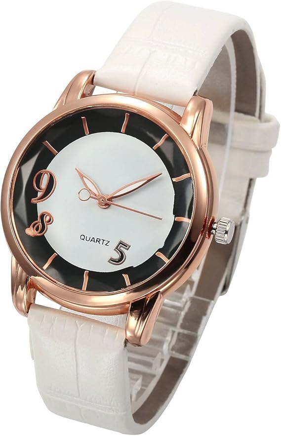 plaza 中性简约休闲银色圆形表壳 pu 皮表带 阿拉伯数字模拟石英手表