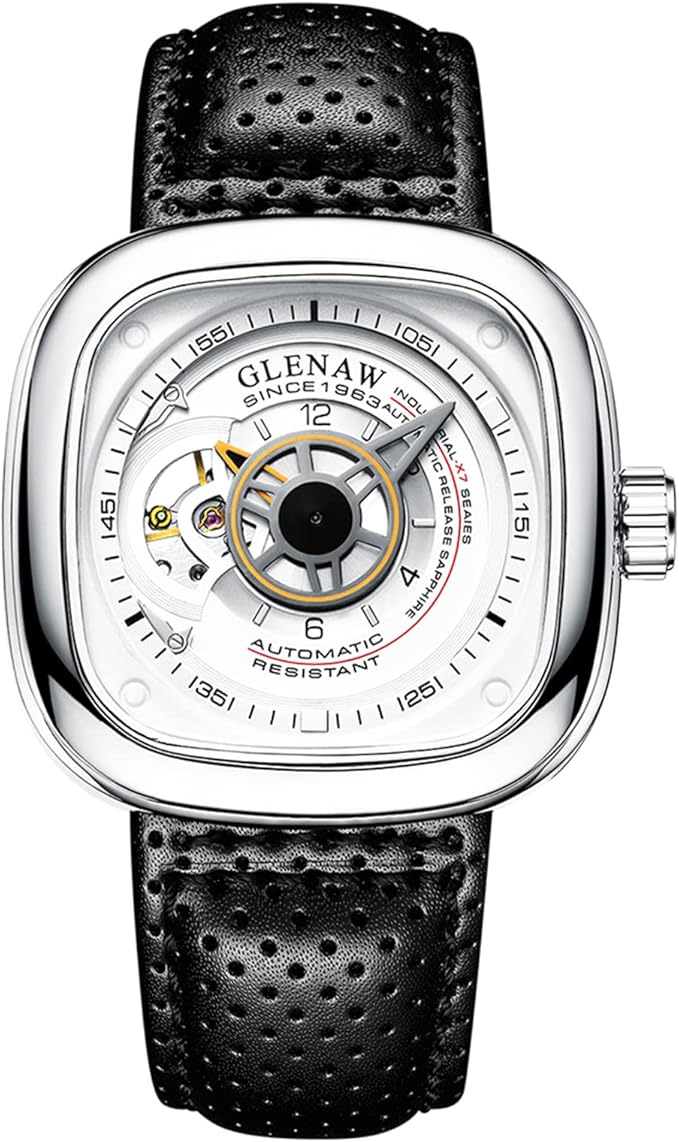 glenaw 男士自动手表,防水手表,男式皮革表带方形镂空机械手表
