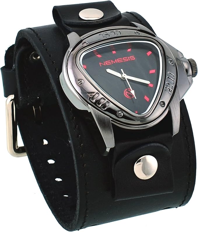 nemesis #lbb258k 男式金属三角形红色索引黑色表盘宽皮表带手表