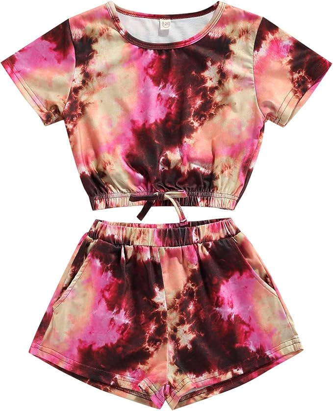 小女孩夏季服装扎染印花圆领短袖 t 恤上衣和弹性腰围短裤衣服套装