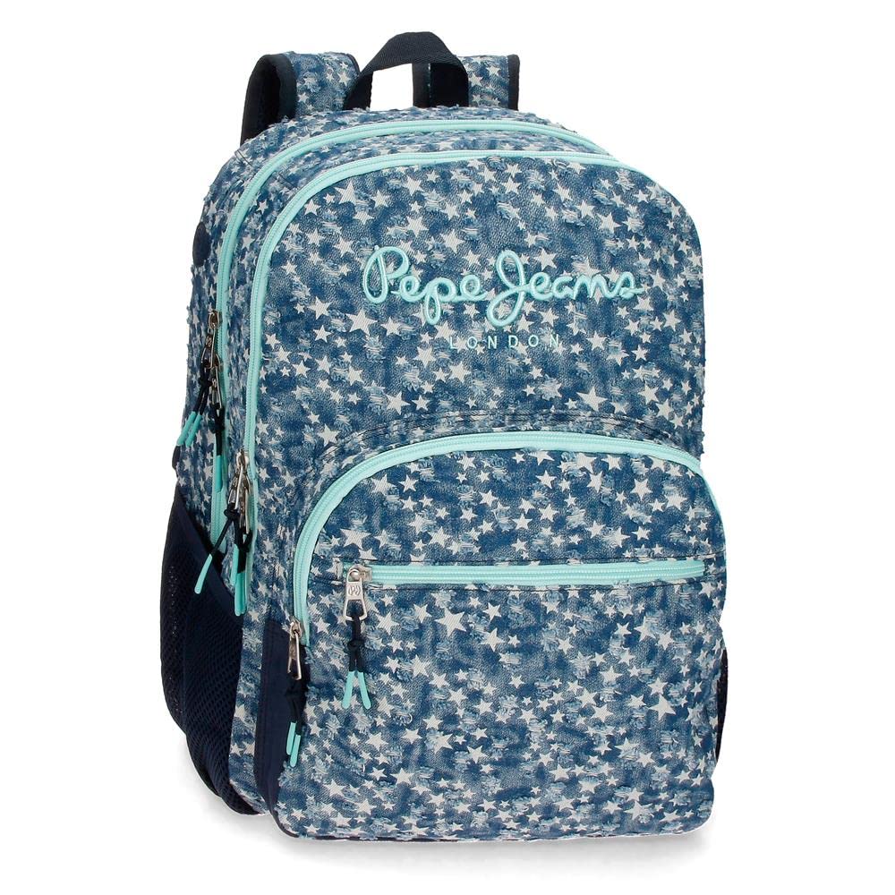 Pepe Jeans Denim Star School Bag with double compartments, with trolley case, blue,32 x 44 x 22 cm, Polyester,30.98 L, blue, School bag with double compartments and trolley case, blue, School bag with
