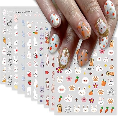 10 张复活节美甲贴纸贴花可爱兔子 3d 自粘*贴花花卉胡萝卜设计女孩和