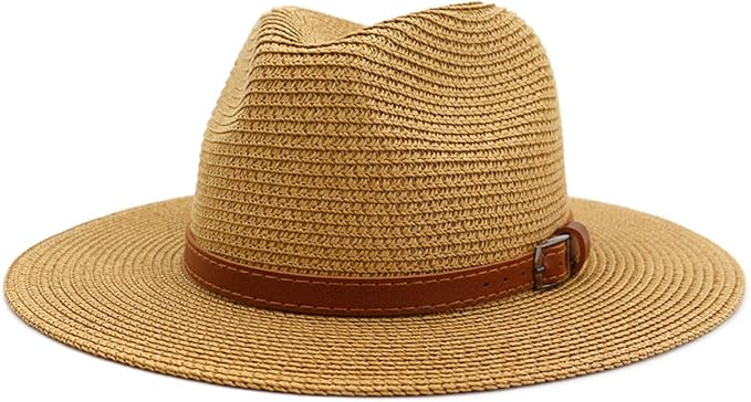 女式宽帽檐草巴拿马皮带扣帽软呢帽沙滩太阳帽细编织 upf50  男女均