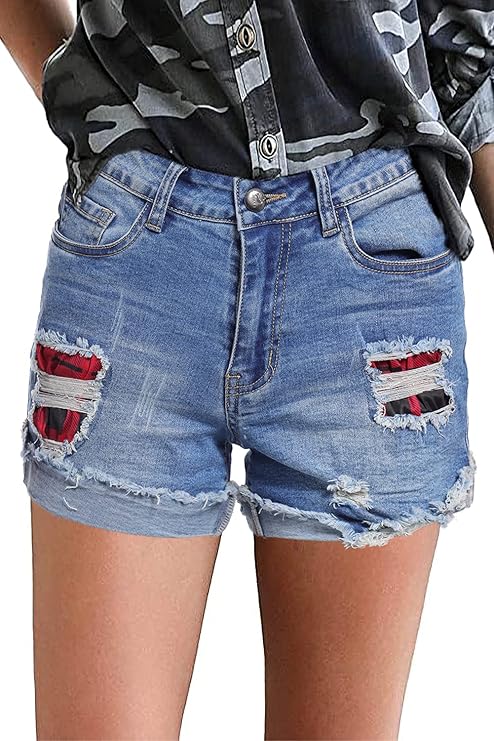 goldpkf 女士牛仔短裤休闲夏季中腰磨边弹力破洞