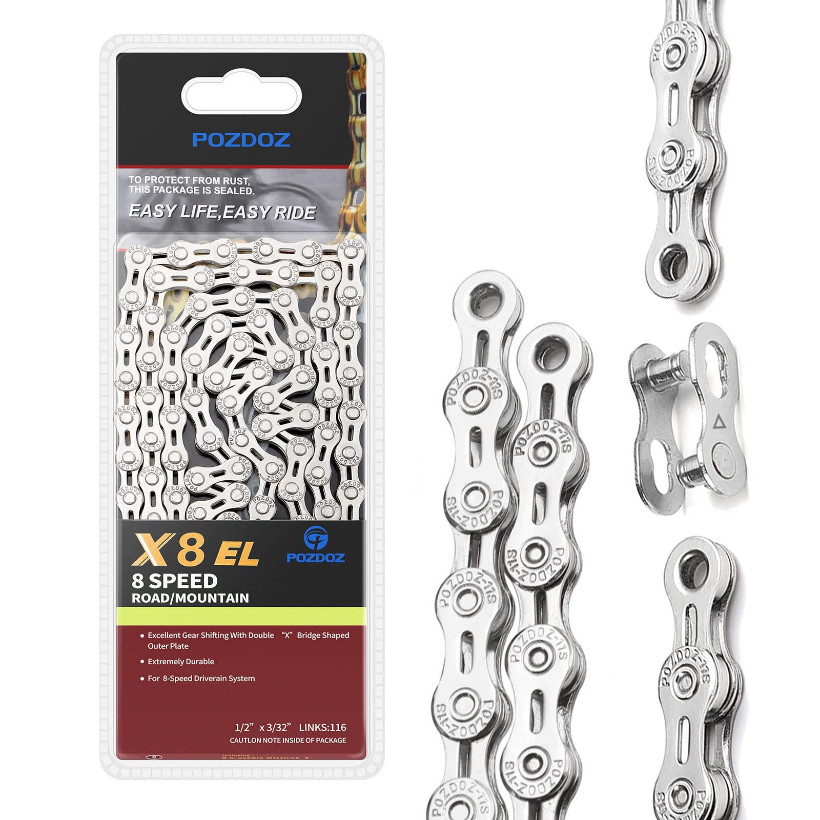 POZDOZ 6/7/8 Speed Bike Chain 6 Link ring Half empty lightweight bike chain for road bikes/mountain bikes /BMX with missing links - silver